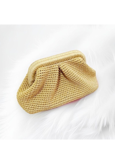 Embahandmade El Yapımı Simli Gold Clutch Çanta İç Astarlı Örgü Abiye Davet Çantası Metalik
