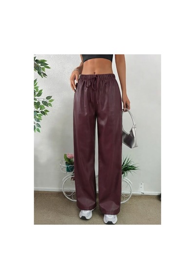 Butik İstanbul Kadın Yüksek Bel Belden Lastikli Bağcıklı Geniş Kesim Detaylı Deri Pantolon Bordo