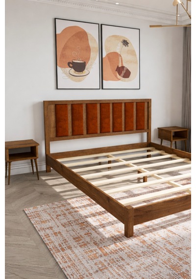 Ori On Kiremit Rengi Puf Başlıklı Masif Ahşap Ceviz 100x200