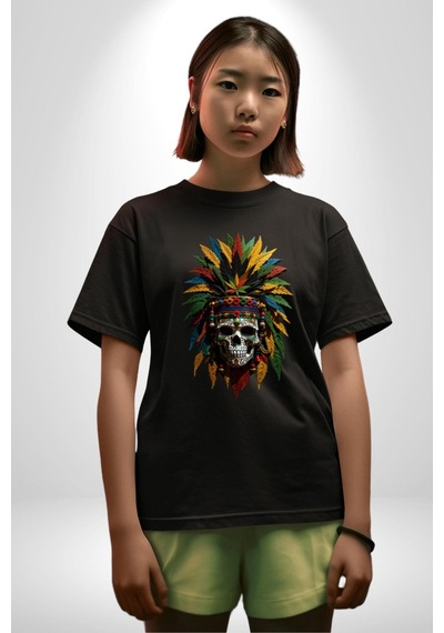 Kurukafa İskelet Kızılderili Tüy Kartal Şefi Pamuklu Bisiklet Yaka Unisex Oversize Boyfriend Dijital Baskılı Siyah T-shirt Siyah