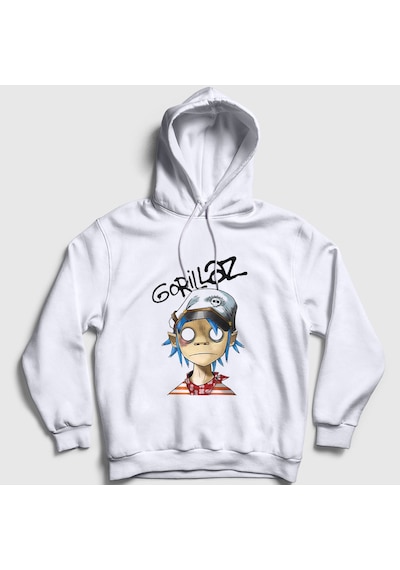 Presmono Unisex 2d Gorillaz Kapüşonlu Sweatshirt Beyaz