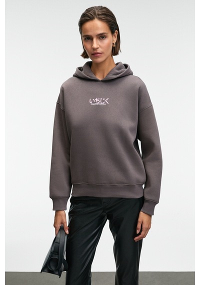 Grimelange YANMESA Kadın Oversize Baskı Ve Nakış Detaylı Uzun Kollu Kapüşonlu Antrasit Sweatshirt