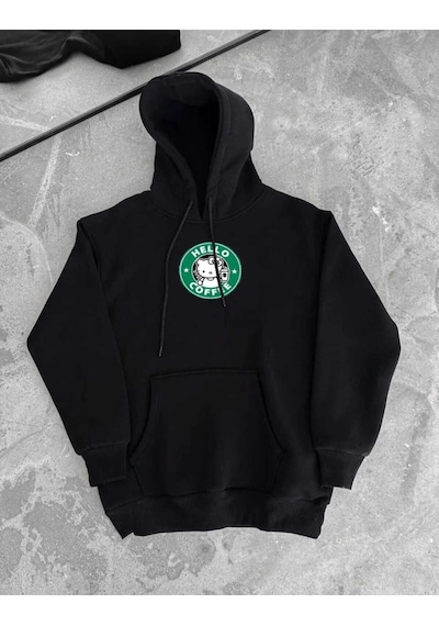 Hunors Sportswear & Company Hello Coffe Baskılı Unisex Model Pamuklu Kapüşonlu Sweatshirt SIYAH