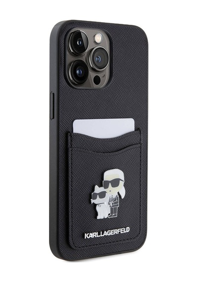 Apple Uyumlu iPhone 15 Pro Max  Kılıf Karl Lagerfeld Kartlıklı Metal Logo  Lisanslı Kapak Siyah