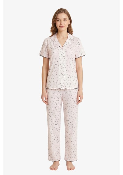 Cottonhill Beyaz Çiçek Desenli Pointel Gömlek Yaka Kadın Pijama Takımı