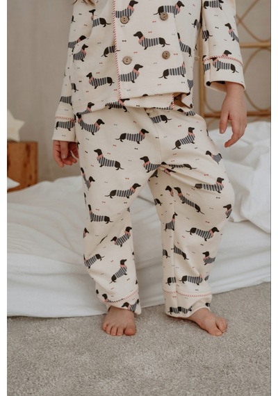 Köpek Baskılı Yaka Detaylı Çocuk Pijama Takımı Krem
