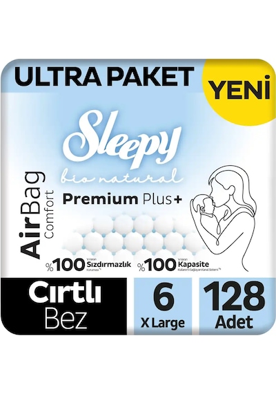 Sleepy Bio Natural Premium Plus Airbag Comfort Ultra Paket Bebek Bezi 6 Numara Xlarge 128 Adet