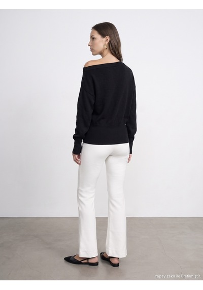 Dilvin 73037 Fermuar Detaylı Flare Pantalon Ekru