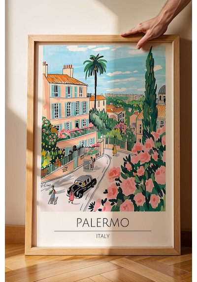İtalya Palermo Duvar Tablosu Modern Salon Duvar Dekoru, Akdeniz Temalı Çerçeveli Poster Tablo Kayın