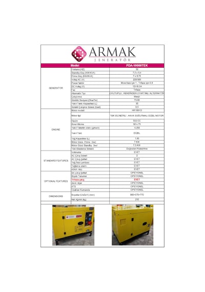 Armak Pda-10000 Mek 9.4 Kva Dizel Kabinli Portatif Jeneratör