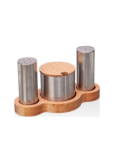 Ahşaplı Metal Üçlü Tuzluk Baharatlık Metalik
