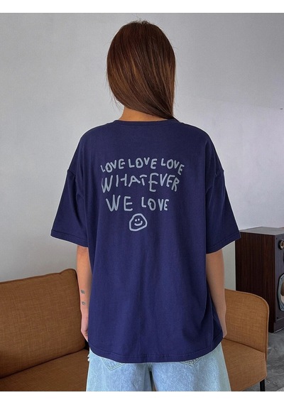Flood Of Style Kadın Lacivert Love Love Love Baskılı Oversize T-shirt