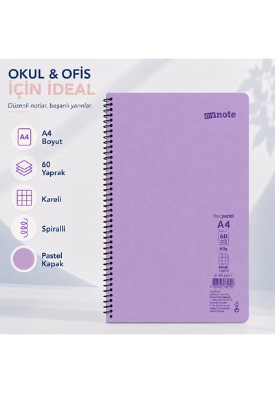 Mynote Flex Pastel A4 60 Yaprak 60 Gr Spiralli Kareli Defter Mor