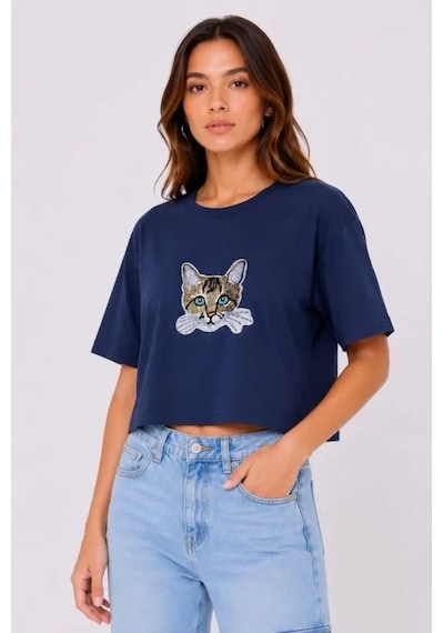 Meleners Kedi Baskılı Oversize Crop Tişört Salaş Basic Yarım Kol T-shirt - Lacivert
