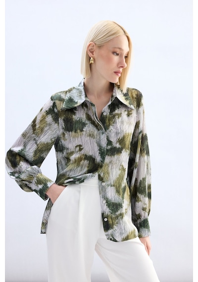 Sateen Desenli Gömlek - Haki-136913 haki