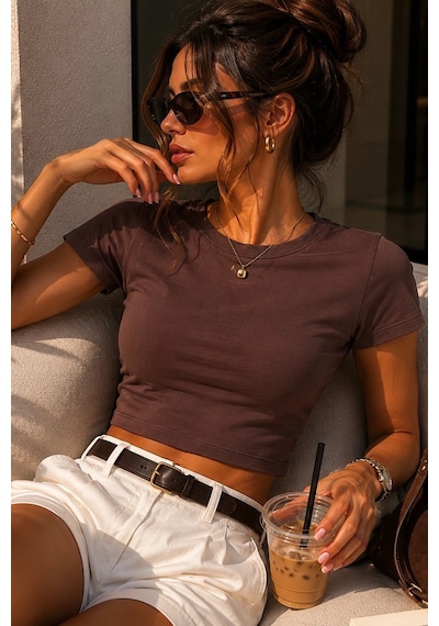 Bbbutikbasic %100 Pamuk Basic Crop Tişört My3535 Kahverengi