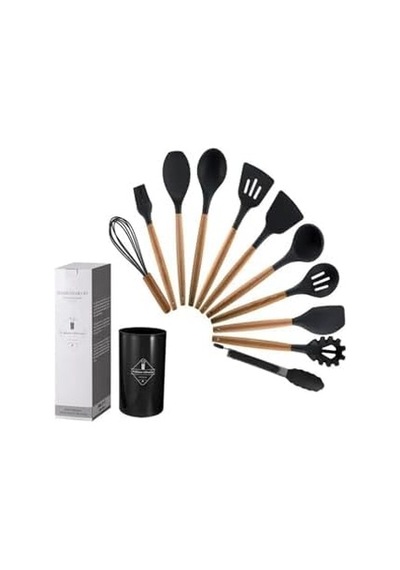 Silikon Spatula Mutfak Gereçleri Seti, 12 Parça, Ahşap Saplı, Siyah Kaşıklık Hediyeli 0
