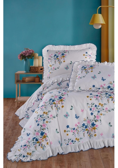 Uçkan Home %100 Pamuk Çift Kişilik Nevresim Seti Fırfırlı Süs Dikişli Mavi Çiçek Desen Mavi --UH-00032