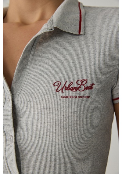 Urban Beat Kaela Kadın Triko Polo Yaka Düğmeli Kısa Kollu Baskı Detaylı Grimelanj T-shirt Gri Melanj
