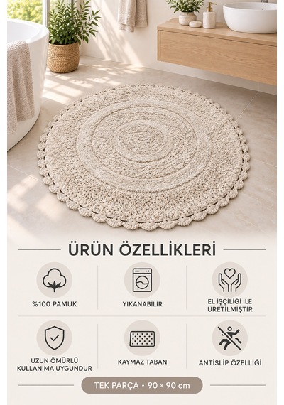 Alanur Bodrum Tufting Cotton Pamuklu El Işi Örgülü 90 X 90 Cm Paspas 110 Bej