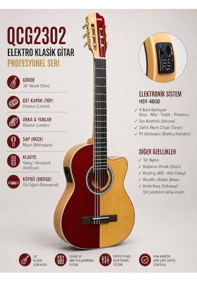 Valares Qcg2302c Elektro Klasik Gitar 39 İnç 4/4 Kesik Kasa 4 Bant Ekolayzerli Sahne Ve Amfi Uyumlu Çift Renk