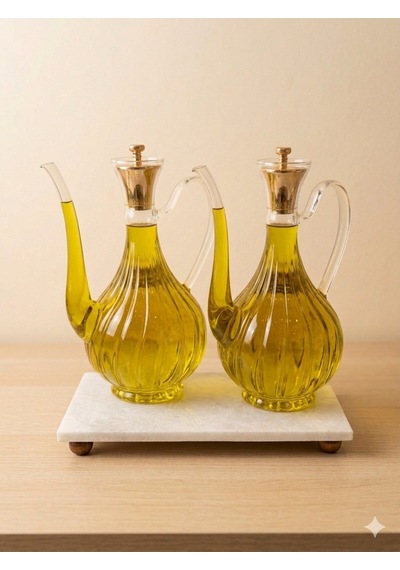 Çizgili Tasarım Gold Kafalı Mermer Stantlı Borosilikat Cam Glorry Cam Yağlık 700 Ml+700 Ml Şeffaf