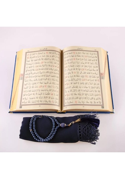 Şal + Tesbih + Kuran Hediye Seti Hafız Boy, Kadife, Şems Lafzatullah, Lacivert
