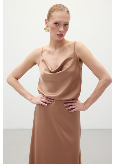 Sateen Degaje Yaka Saten Bluz - Camel