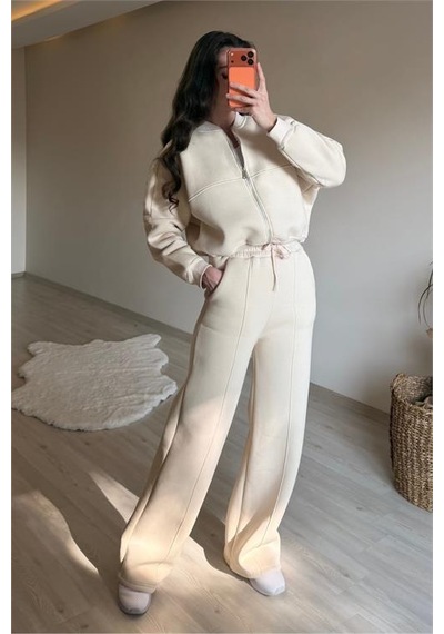 Neşeli Butik Kadın Oversize 3 İplik Cepli Eşofman Takımı Nm029 Bej