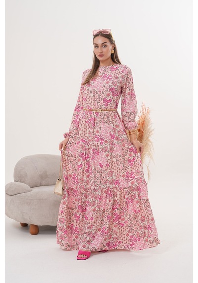 Polologin Butik Çiçekli Viskon Elbise Pembe