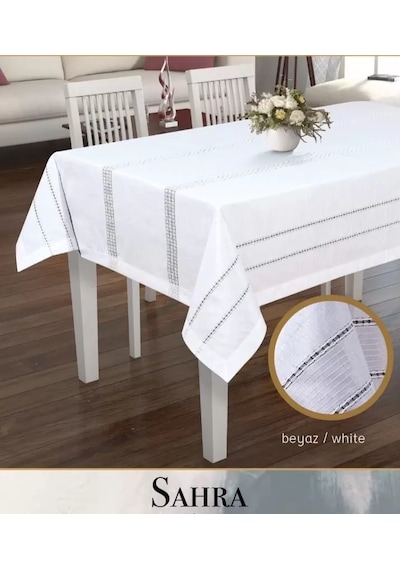 Sahra Model Beyaz 160x220 Cm Polyester Ajurlu Keten Masa Örtüsü Şık Tablecloth Diğer