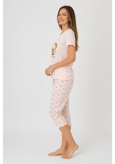 Pijamask Kadın Açık Pembe Ayıcık Baskılı Kısa Kollu Kapri Pijama Takımı P100-843 Pudra