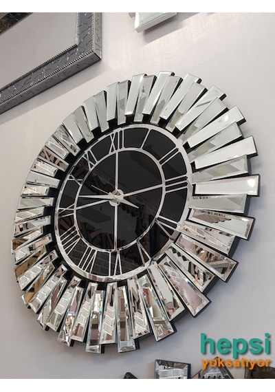 Güneş Silver Black Gümüş Siyah 85 Cm Dekoratif Aynalı Duvar Saati