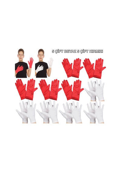 Çocuk - 769 - Gösteri Eldiven Seti 5 Çift Beyaz &amp 5 - Edntrend - Çift Kırmızı