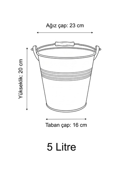 Metal Dekoratif Kova 5 Litre - 20 Cm Çok Amaçlı Saplı Galvaniz Saksılık Ve Düzenleyici Renksiz