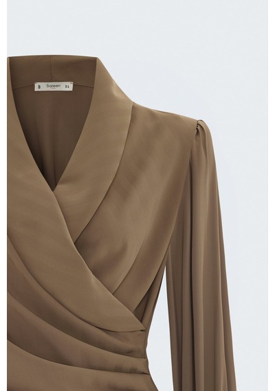 Sateen Çizgi Desenli Kruvaze Bluz - Sütlü Kahve-137989