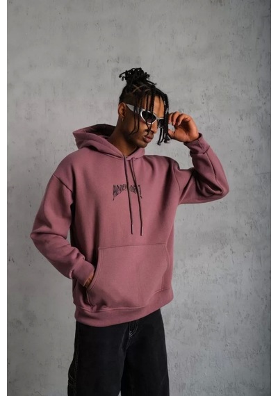Erkek Kordon İpli Baskılı Kapüşonlu Sweatshirt - Gül Kurusu Gülkurusu