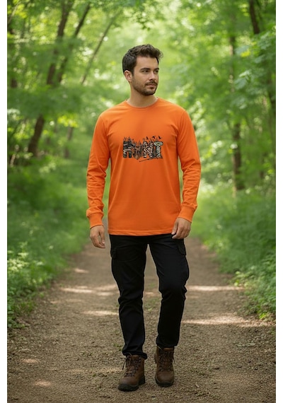 Avcılık Hunter Outdoor Geyik Tasarımlı Hunt Yazı Baskılı Turuncu Bisiklet Yaka Uzun Kollu T-shirt Turuncu
