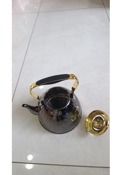 Siyah 3 Litre Çaydanlık Siyah Paslanmaz Çelik Çaydanlık Aynalı Gövde Ergonomik Sap 5 Katmanlı Kapsül Taban İthal Demlik İthal Çaydanlık