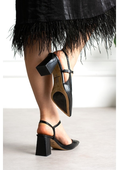 Dabab Shoes Tamara Kadın Siyah Yılan Desenli Sivri Burun Bilekten Bantlı 7 Cm Kalın Topuklu Slingback Ayakkabı