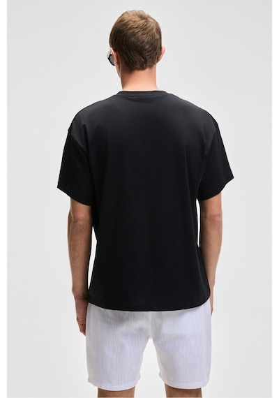 Grimelange FEON Erkek Oversize Geniş Kesim %100 Organik Pamuk Kalın Dokulu Yuvarlak Yaka Siyah T-Shirt