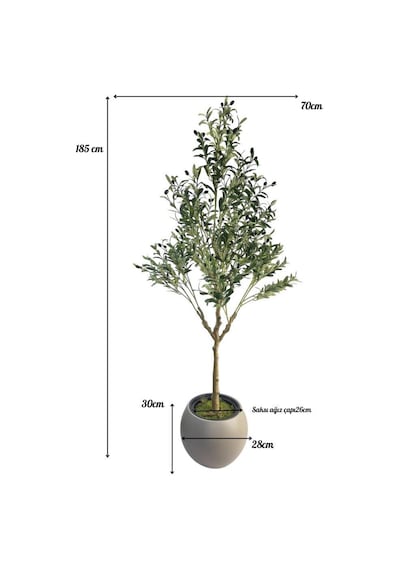 Yapay Zeytin Ağacı 185cm Doğal Görünümlü Yapay Ağaç Mokka Renk 30cm Küre Saksıda Yeşil