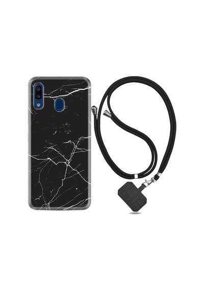 Samsung Uyumlu Galaxy A20 Kılıf Ipli Askılı Siyah Mermer 1299