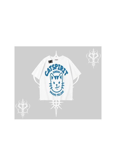 Tarzsokak Catspirit Sunday Brave Feline Yazılı Kedi Baskılı Oversize Tshirt Beyaz