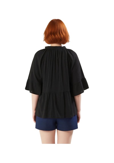 Ersefa Kadın Plus Size V Yaka Kısa Kol Dokuma Peplum Gömlek Konforlu Ve siyah