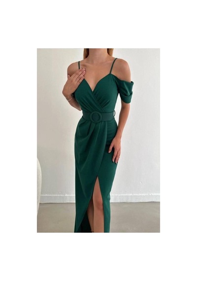 DefyModa Kadın Minimal Krep Kumaş V Yaka Yırtmaçlı Abiye Elbise Zümrüt