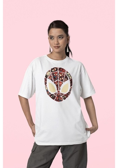 Maske Örümcek Adam Baskılı Unisex Oversize Marvel Tişört Beyaz