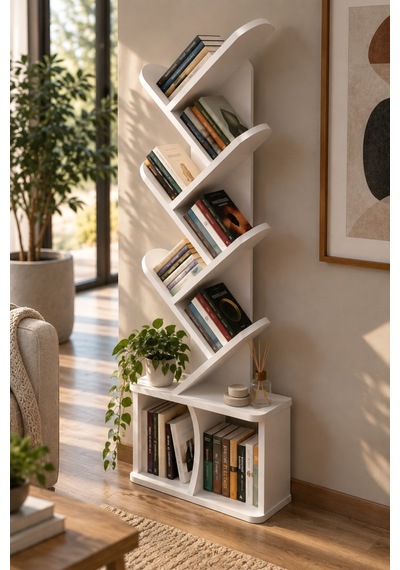 Sulorahome Yaprak Tasarımlı Beyaz Kitaplık 45x132 Cm Antrasit