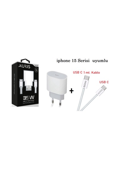 Auris ARS-CH38 35 W Apple Uyumlu iPhone 15 Usb-c To Usb-c Şarj Başlığı + Kablo Seti