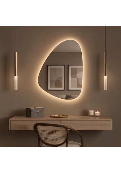 40x55 Cm Modern Asimetrik Led Banyo Aynası Dokunmatik Sensörlü, Dimmerli, 3000k Günışığı Sarı